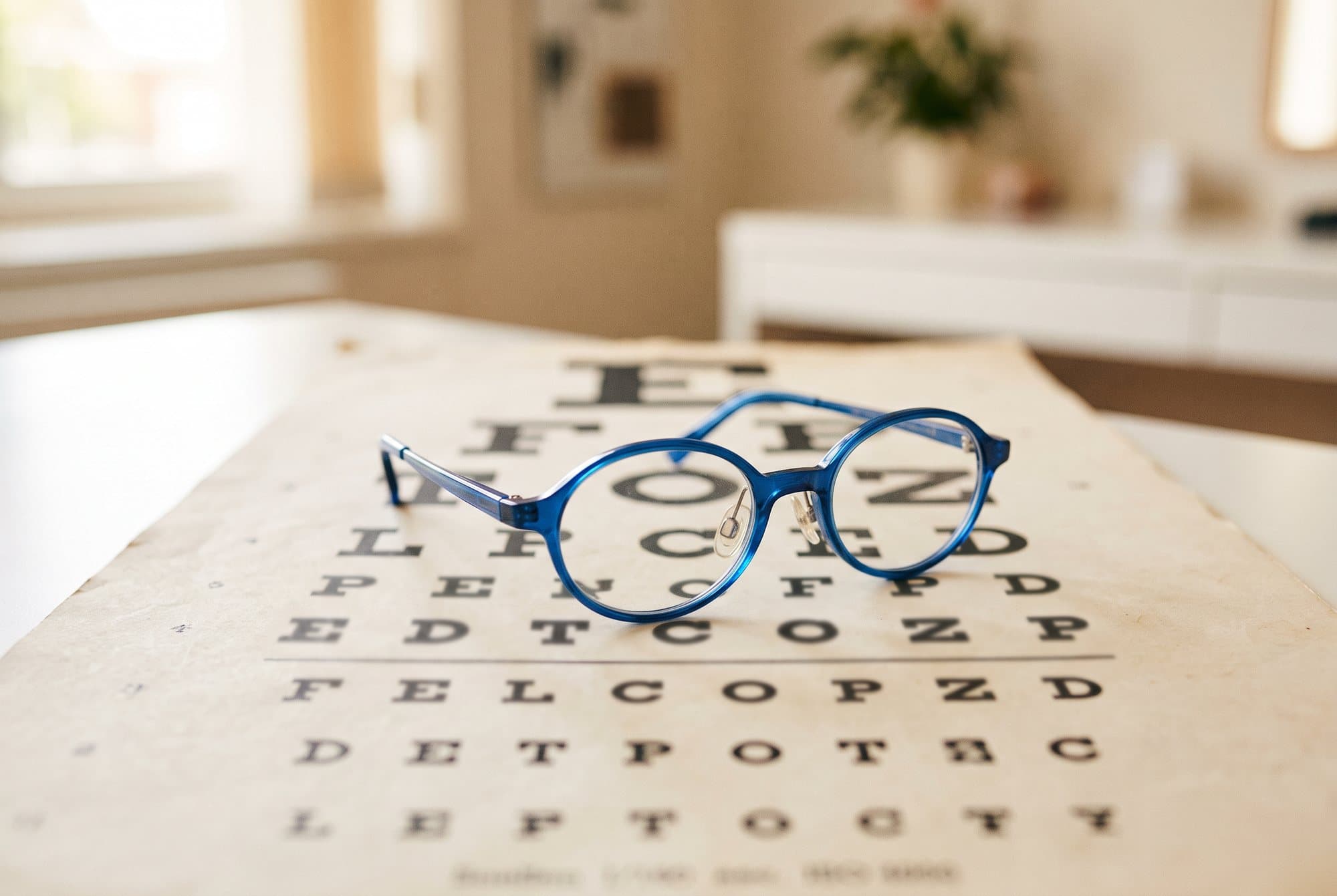 A pair of children's spectacles resting on an eye test chart