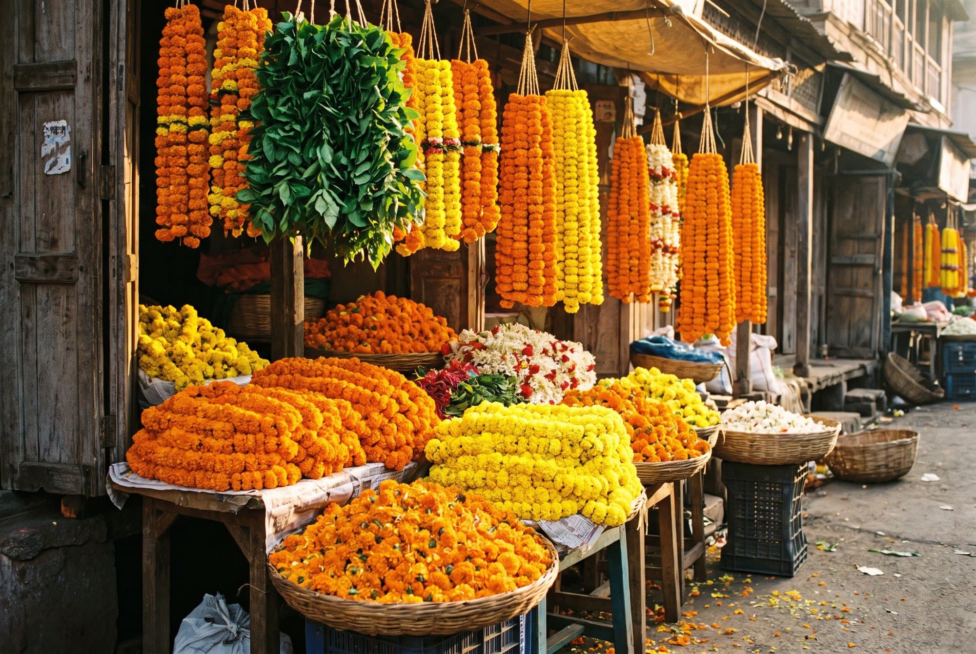 A vivid marigold flower market — how the scene looks with healthy vision