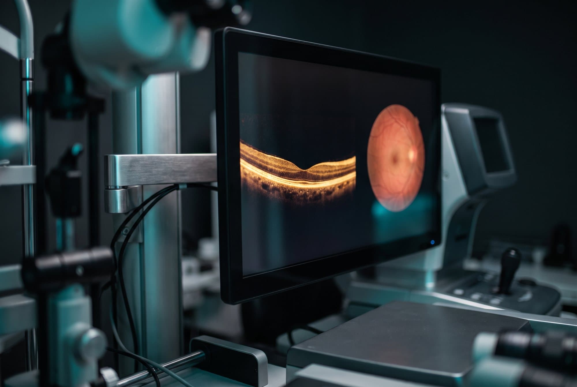 A retinal scan glowing on a clinical monitor